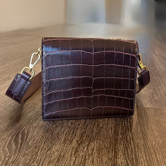 JW Pei Mini Flap Crossbody Burgundy Brown Croc Gold Hardware Vegan Leather Bag - Picture 14 of 16